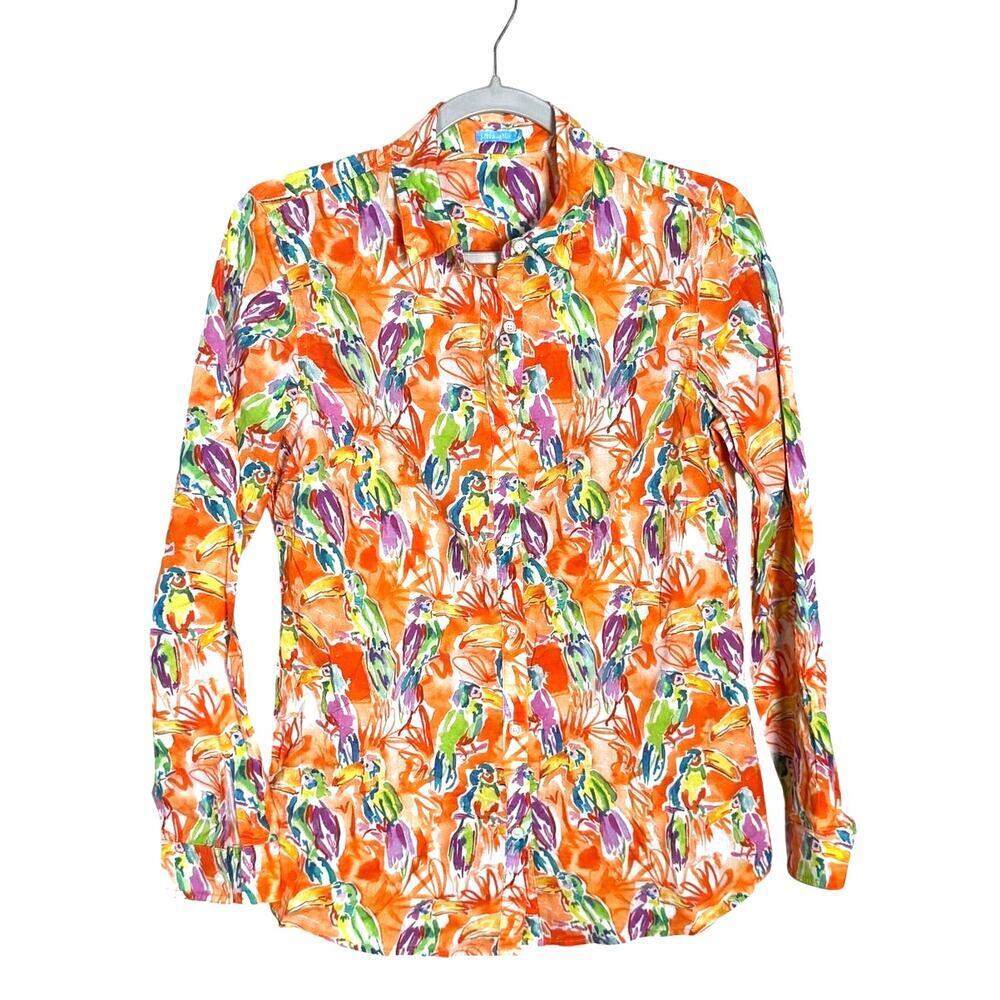 J. McLaughlin Toucan Print Button Down Shirt Orange Multicolor Size Small